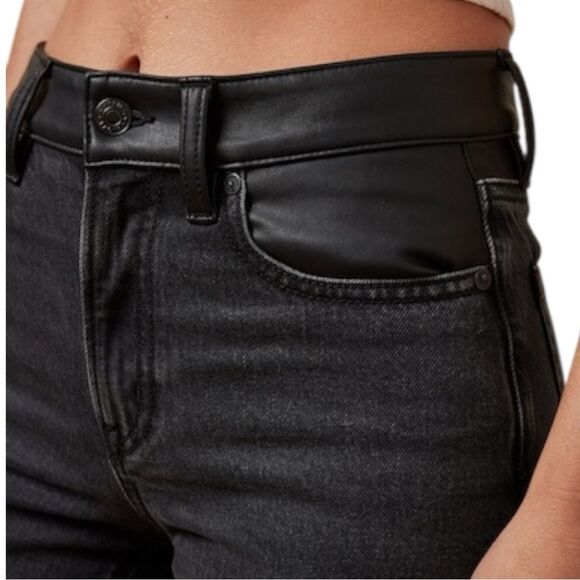 AMERICAN EAGLE BLACK STRETCH SUPER HIGH-WAIST VEGAN LEATHER ANKLE STRAIGHT JEAN - Picture 1 of 10